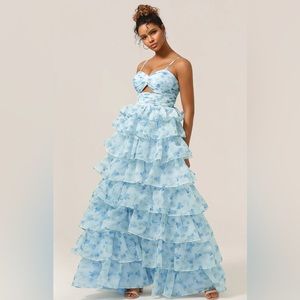 Zapeka A-Line Spaghetti Straps Cut Out Tiered Blue Bridesmaid Dress
